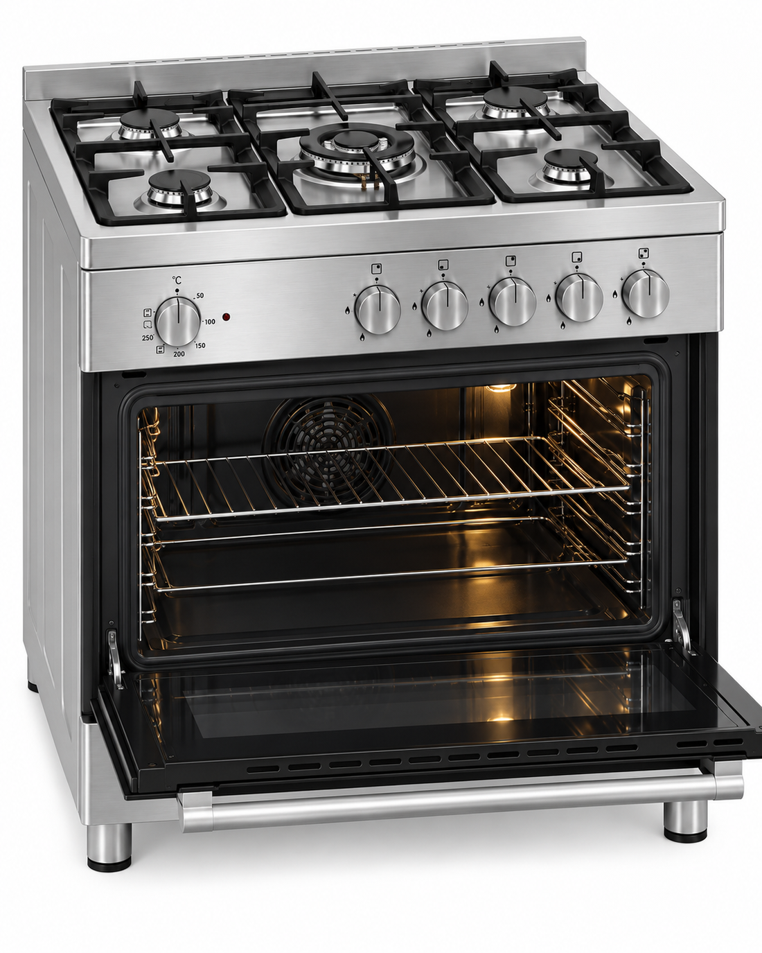 TERIM 90x60cm 5 Burner Gas Cooking Range with 106L Electric Oven, Turbo Fan & Digital Timer – Stainless Steel | TERGE96ST - Teq Souq