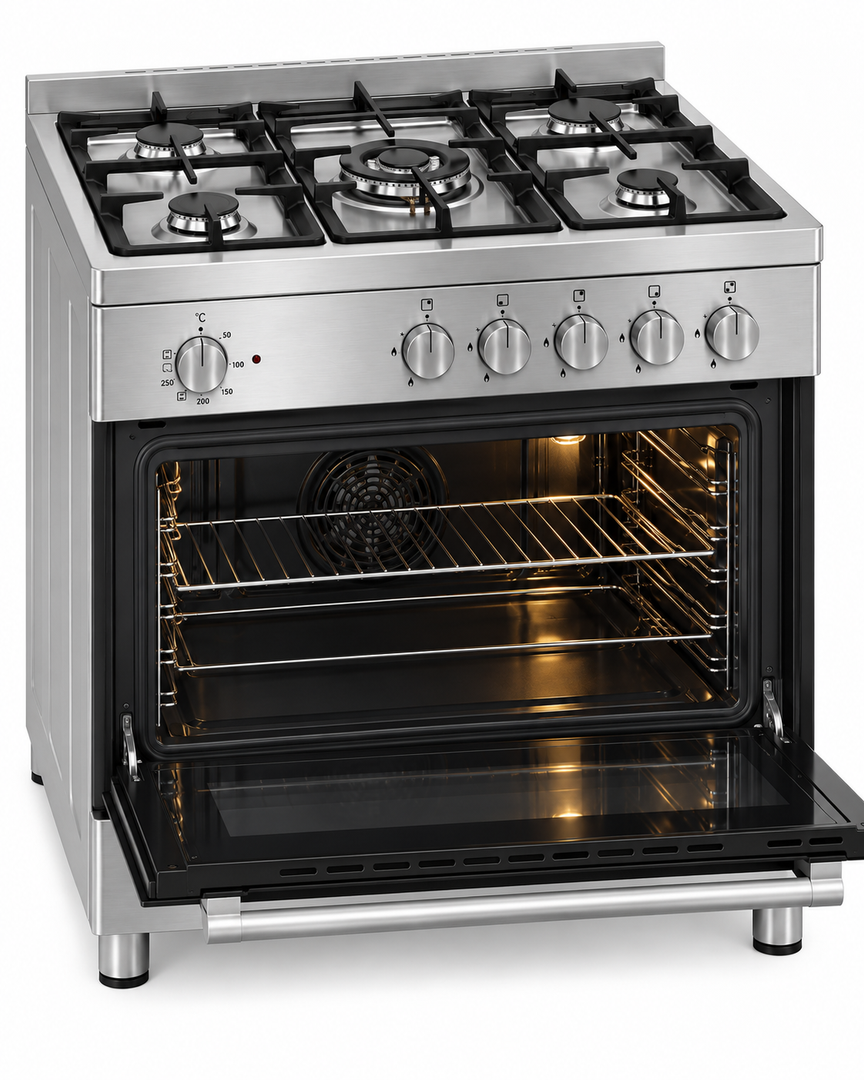 TERIM 90x60cm 5 Burner Gas Cooking Range with 106L Electric Oven, Turbo Fan & Digital Timer – Stainless Steel | TERGE96ST - Teq Souq