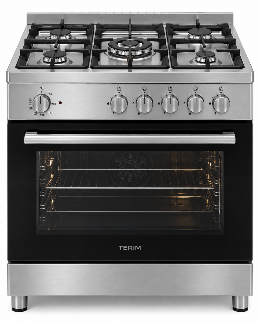 TERIM 90x60cm 5 Burner Gas Cooking Range with 106L Electric Oven, Turbo Fan & Digital Timer – Stainless Steel | TERGE96ST - Teq Souq