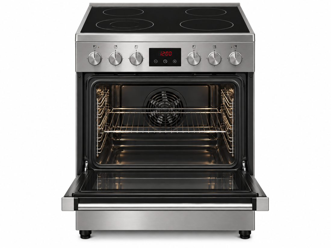 TERIM 60x60cm 4 Ceramic Hob Electric Cooking Range with 80L Oven, 9 Cooking Functions & Turbo Fan – Stainless Steel | TERHFC66ST - Teq Souq