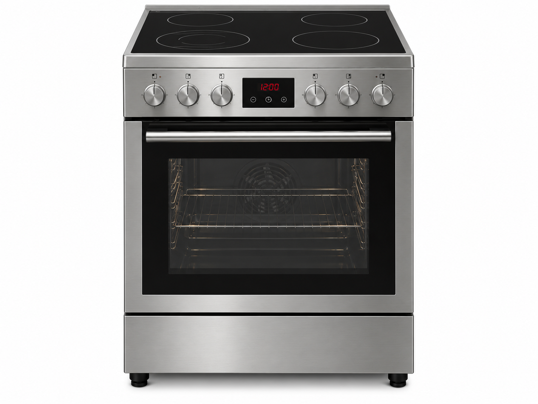 TERIM 60x60cm 4 Ceramic Hob Electric Cooking Range with 80L Oven, 9 Cooking Functions & Turbo Fan – Stainless Steel | TERHFC66ST - Teq Souq