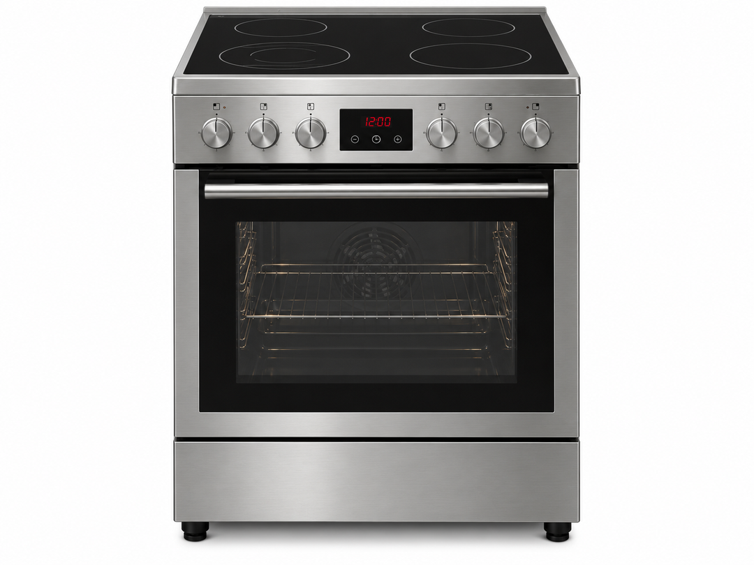 TERIM 60x60cm 4 Ceramic Hob Electric Cooking Range with 80L Oven, 9 Cooking Functions & Turbo Fan – Stainless Steel | TERHFC66ST - Teq Souq