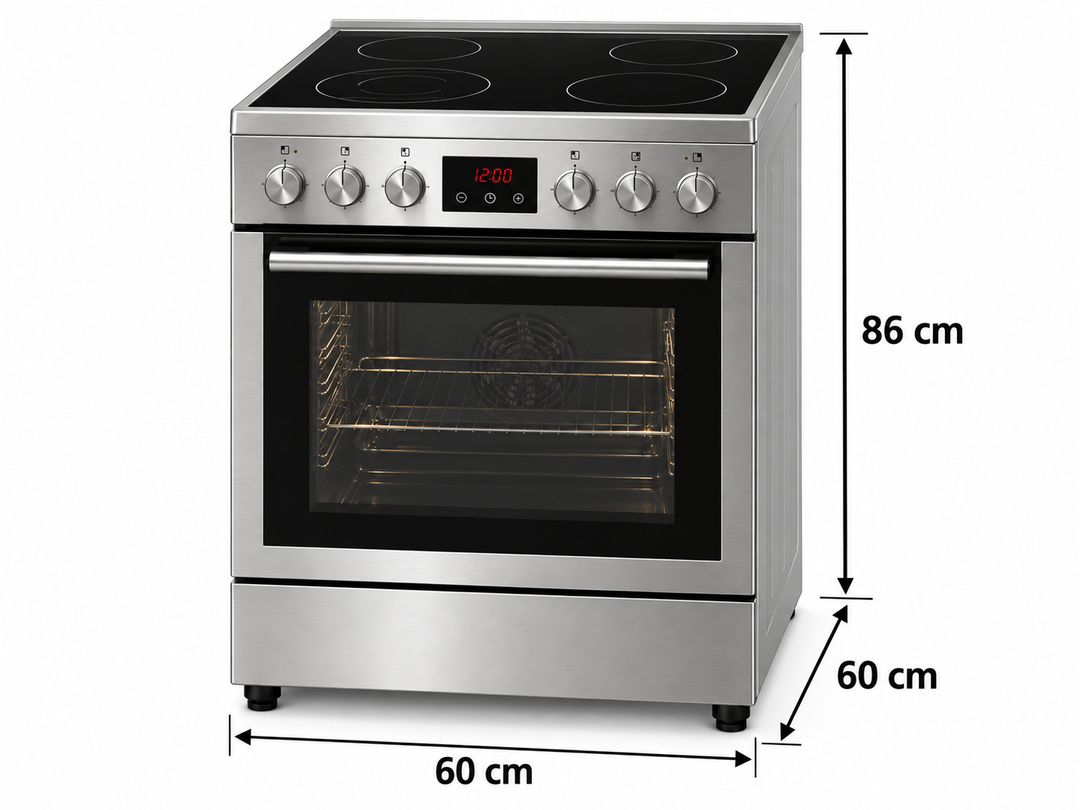 TERIM 60x60cm 4 Ceramic Hob Electric Cooking Range with 80L Oven, 9 Cooking Functions & Turbo Fan – Stainless Steel | TERHFC66ST - Teq Souq
