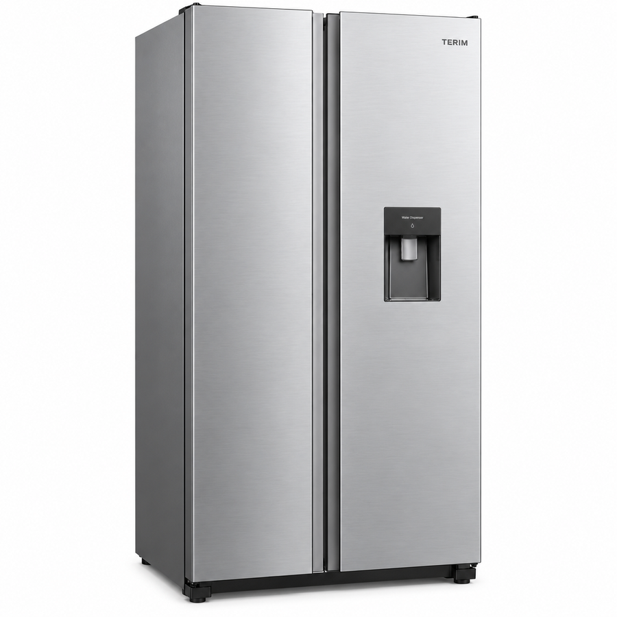 TERIM 518.6L Net / 720L Gross Side-by-Side No Frost Refrigerator with Water Dispenser – Bright Silver | TERRSBS720WD - Teq Souq