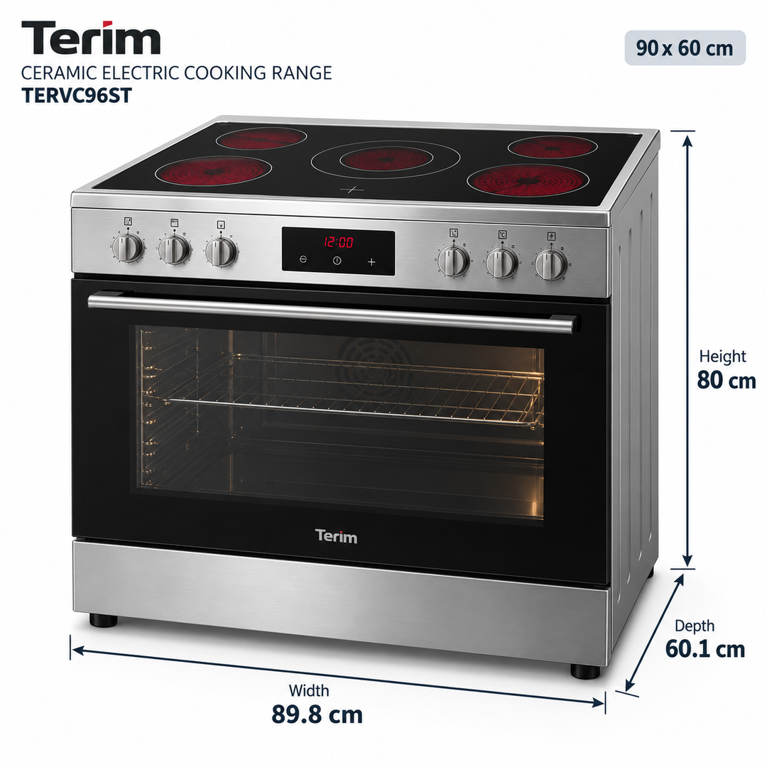 TERIM 90x60cm 5 Ceramic Hob Electric Cooking Range with 9 Oven Functions & Turbo Fan – Stainless Steel | TERVC96ST - Teq Souq
