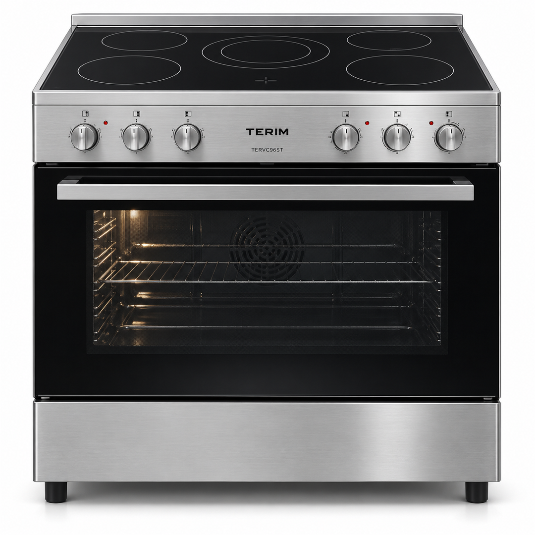 TERIM 90x60cm 5 Ceramic Hob Electric Cooking Range with 9 Oven Functions & Turbo Fan – Stainless Steel | TERVC96ST - Teq Souq