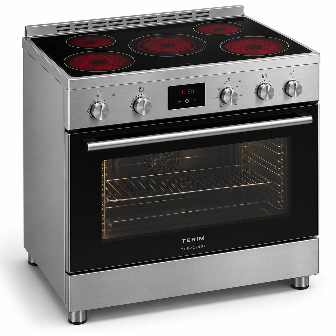 TERIM 90x60cm 5 Ceramic Hob Electric Cooking Range with 9 Oven Functions & Turbo Fan – Stainless Steel | TERVC96ST - Teq Souq