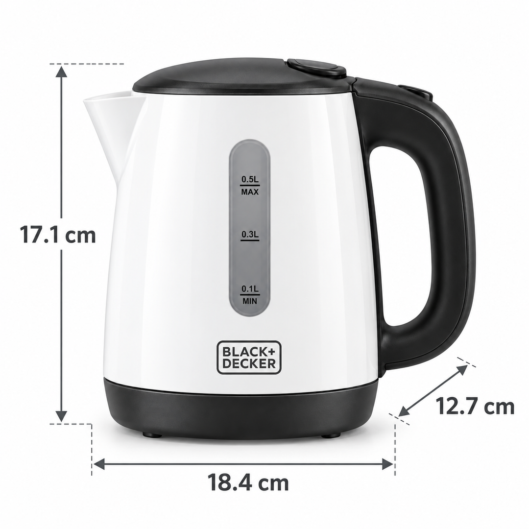 BLACK+DECKER 0.5L 650W Portable Electric Travel Kettle with Auto Shut-Off & Boil-Dry Protection – White | TR250JA-B5 - Teq Souq