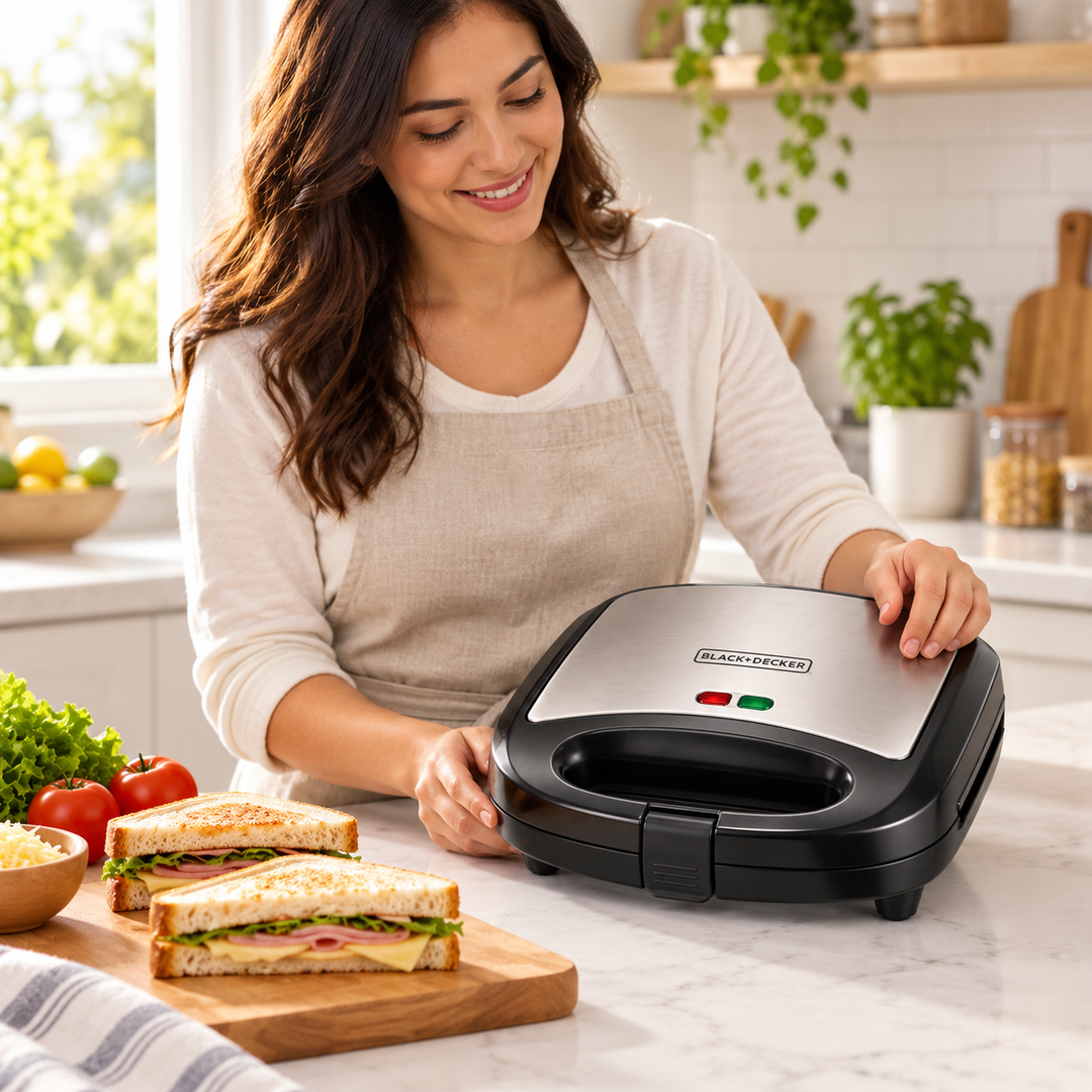 BLACK+DECKER 2-in-1 Sandwich & Grill Maker, 780W, Interchangeable Non-Stick Plates, Black/Silver – TS2120 - Teq Souq