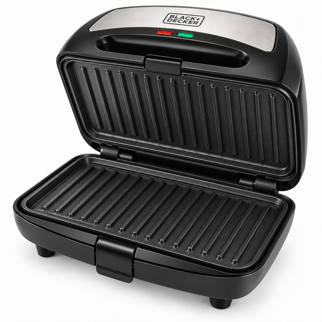 BLACK+DECKER 3-in-1 Sandwich, Grill & Waffle Maker, 780W, Interchangeable Non-Stick Plates, Black/Silver – TS2130 - Teq Souq