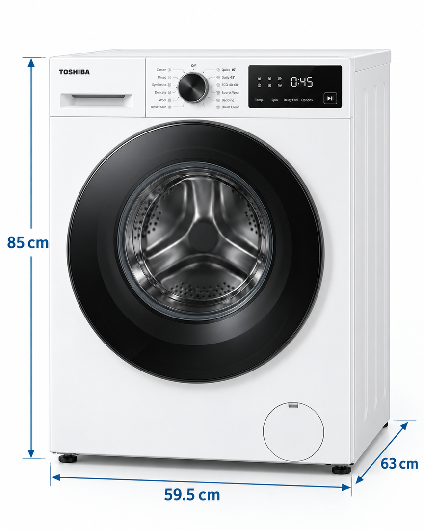 Toshiba 8kg Fully Automatic Front Load Washing Machine, 1400 RPM, Inverter, Steam, White – TW-BL90A4B(WK) - Teq Souq