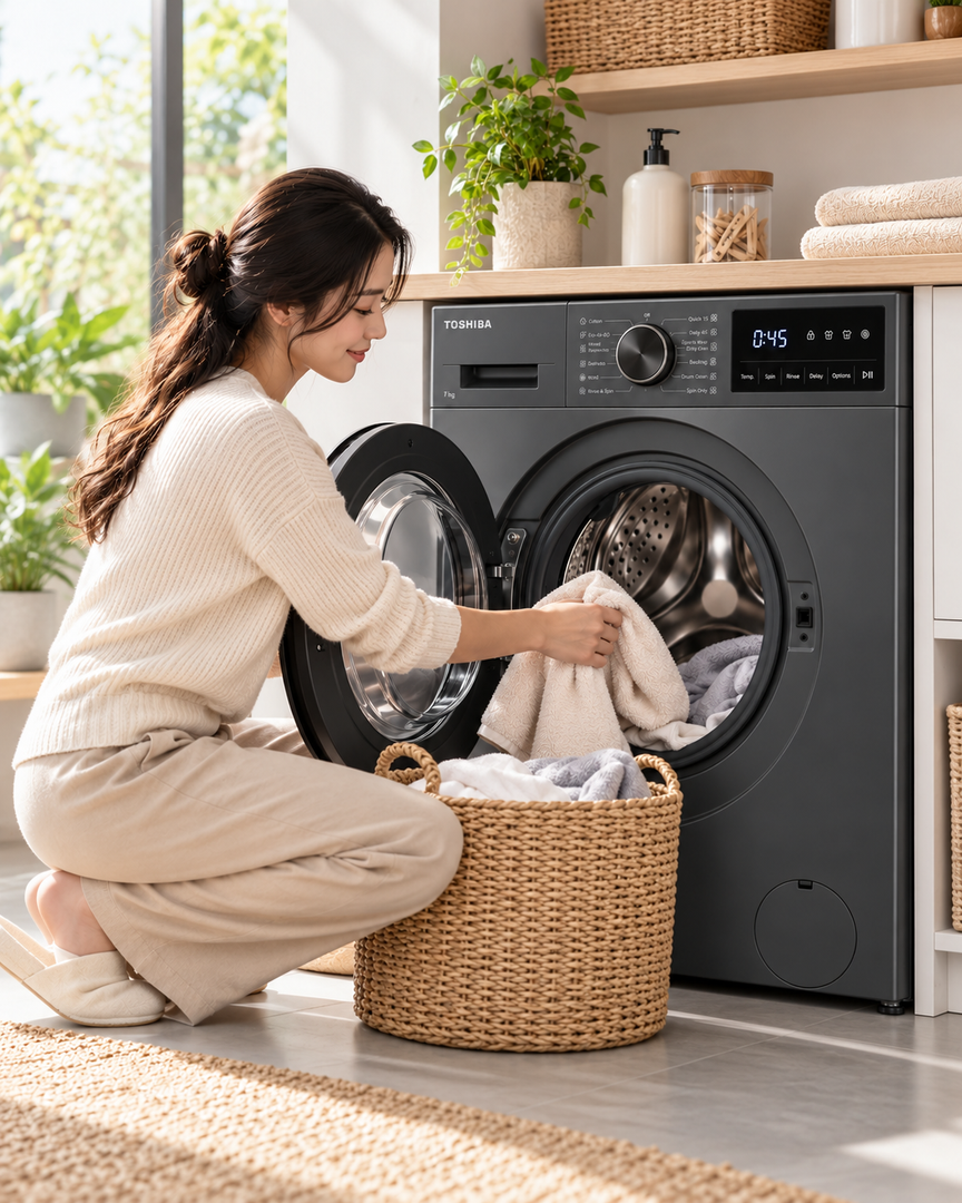 Toshiba 7kg Front Load Washing Machine, 1200 RPM, Origin Inverter, Steam, Morandi Grey – TW-T21BU80UWB(MG) - Teq Souq