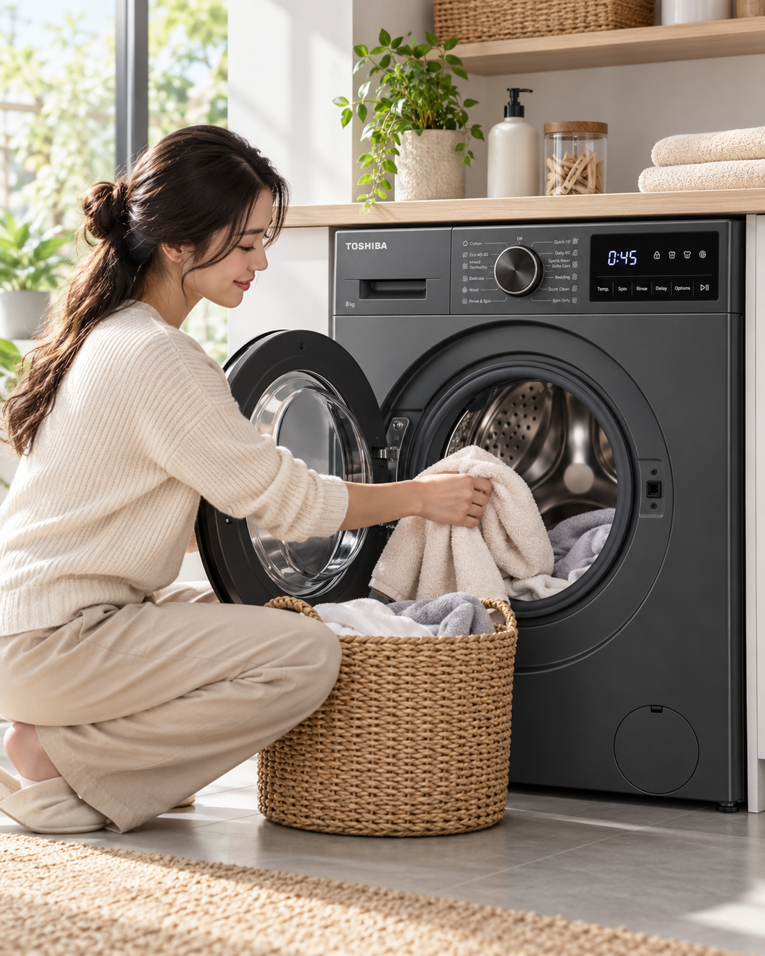 Toshiba 8kg Fully Automatic Front Load Washing Machine, 1400 RPM, Origin Inverter, Steam, Morandi Grey – TW-T21BU90UWB(MG) - Teq Souq