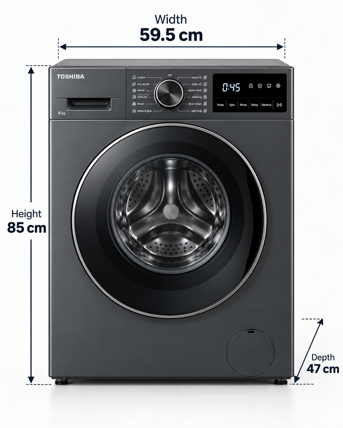 Toshiba 8kg Fully Automatic Front Load Washing Machine, 1400 RPM, Origin Inverter, Steam, Morandi Grey – TW-T21BU90UWB(MG) - Teq Souq