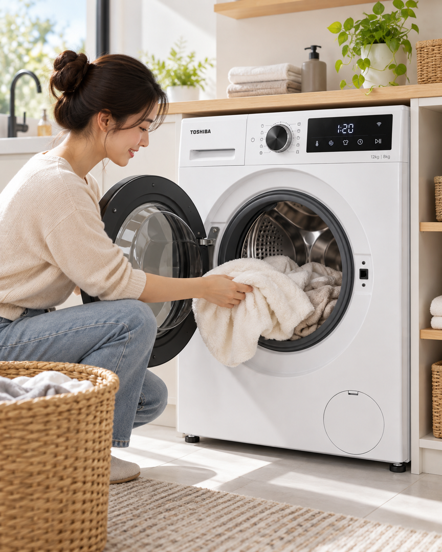 Toshiba 12kg Washer / 8kg Dryer, Fully Automatic Front Load, 1400 RPM, GreatWaves, Steam, Wi-Fi, White – TWD-BM130GF4B(WS) - Teq Souq