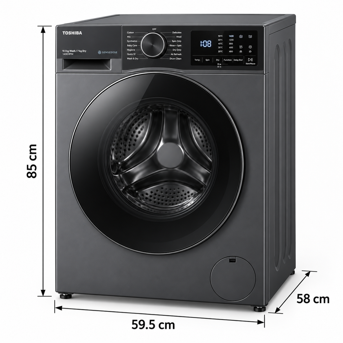 Toshiba 9.5kg Washer / 7kg Dryer, Front Load, 1400 RPM, AI Smart, Steam, Inverter, Morandi Grey – TWD-T25BZU105MWA(MG) - Teq Souq