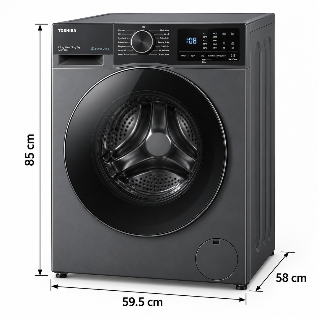 Toshiba 9.5kg Washer / 7kg Dryer, Front Load, 1400 RPM, AI Smart, Steam, Inverter, Morandi Grey – TWD-T25BZU105MWA(MG) - Teq Souq
