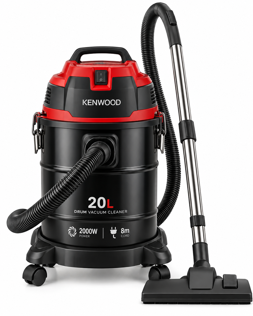Kenwood 2000W 20L Drum Vacuum Cleaner, 8m Power Cord, Washable Filter, Black/Red – VDM40.000BR - Teq Souq