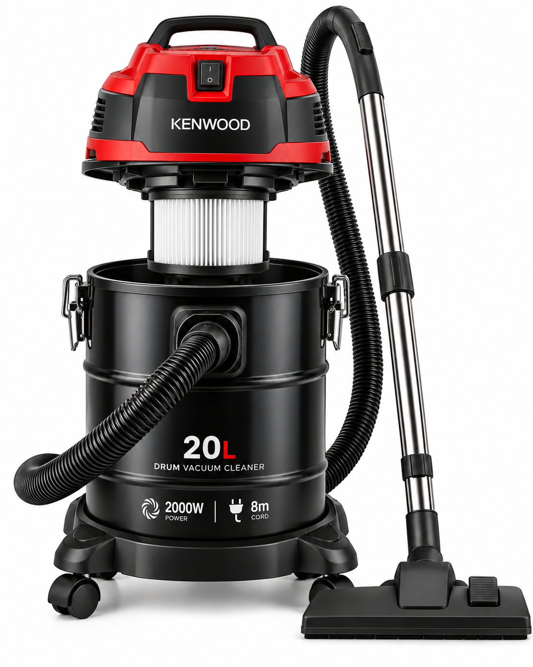 Kenwood 2000W 20L Drum Vacuum Cleaner, 8m Power Cord, Washable Filter, Black/Red – VDM40.000BR - Teq Souq