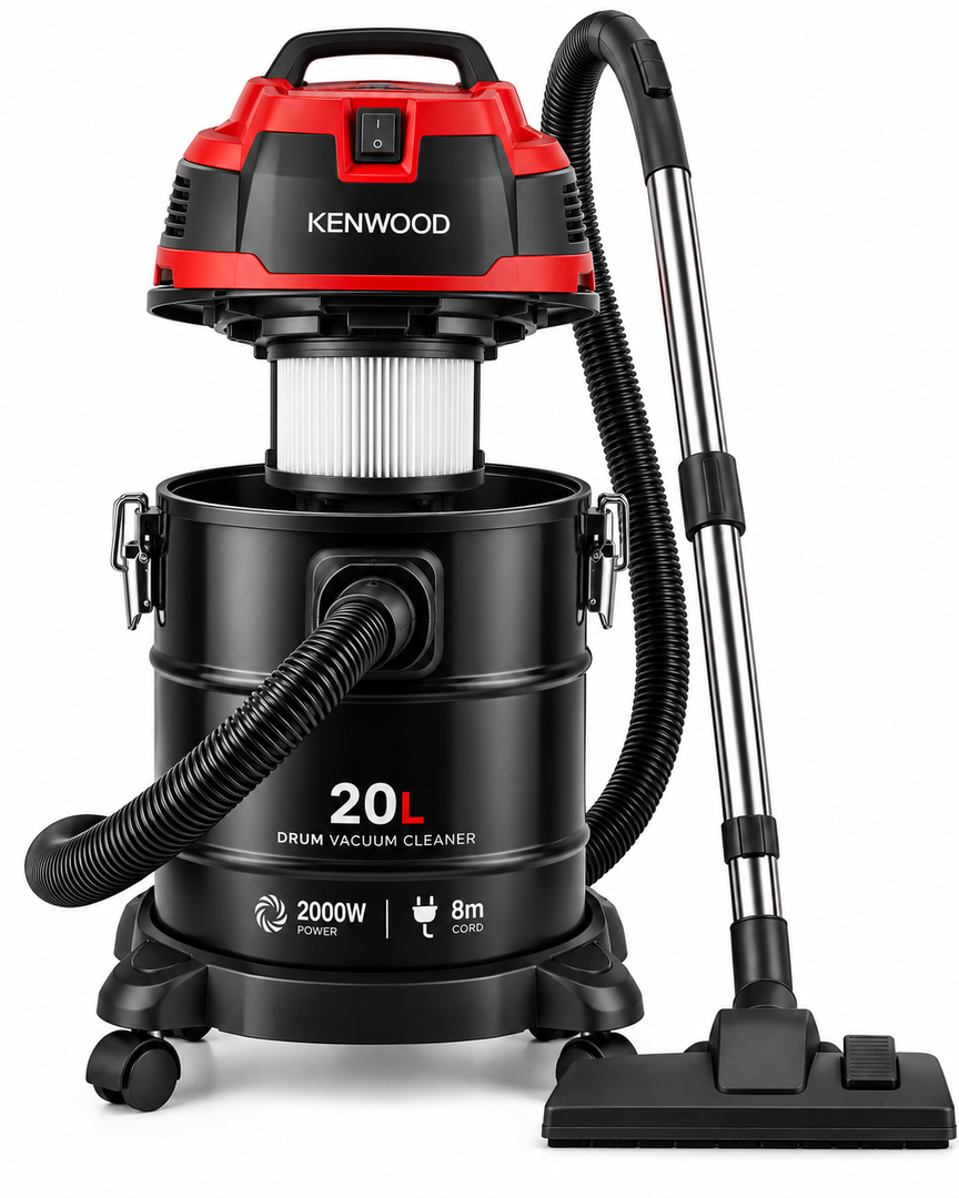 Kenwood 2000W 20L Drum Vacuum Cleaner, 8m Power Cord, Washable Filter, Black/Red – VDM40.000BR - Teq Souq