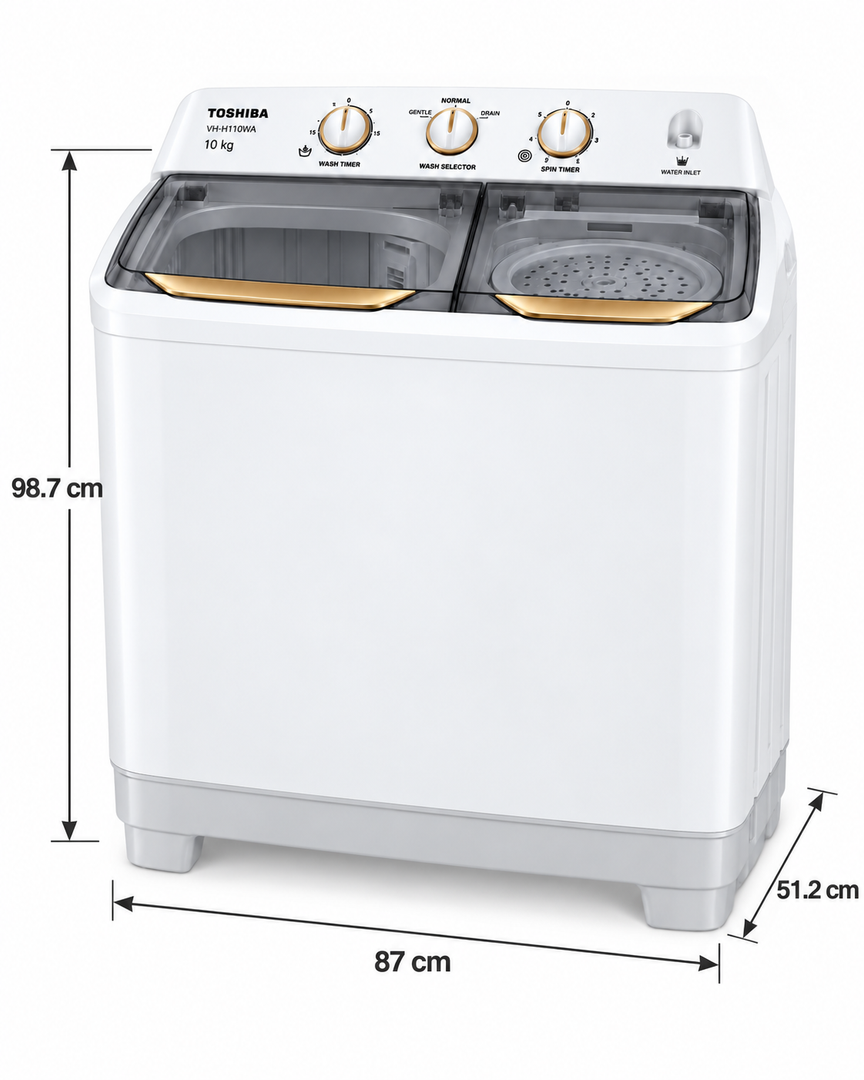 Toshiba 10kg Semi-Automatic Twin Tub Top Load Washing Machine, Golden Soak, Cyclone Spin, White – VH-H110WA - Teq Souq