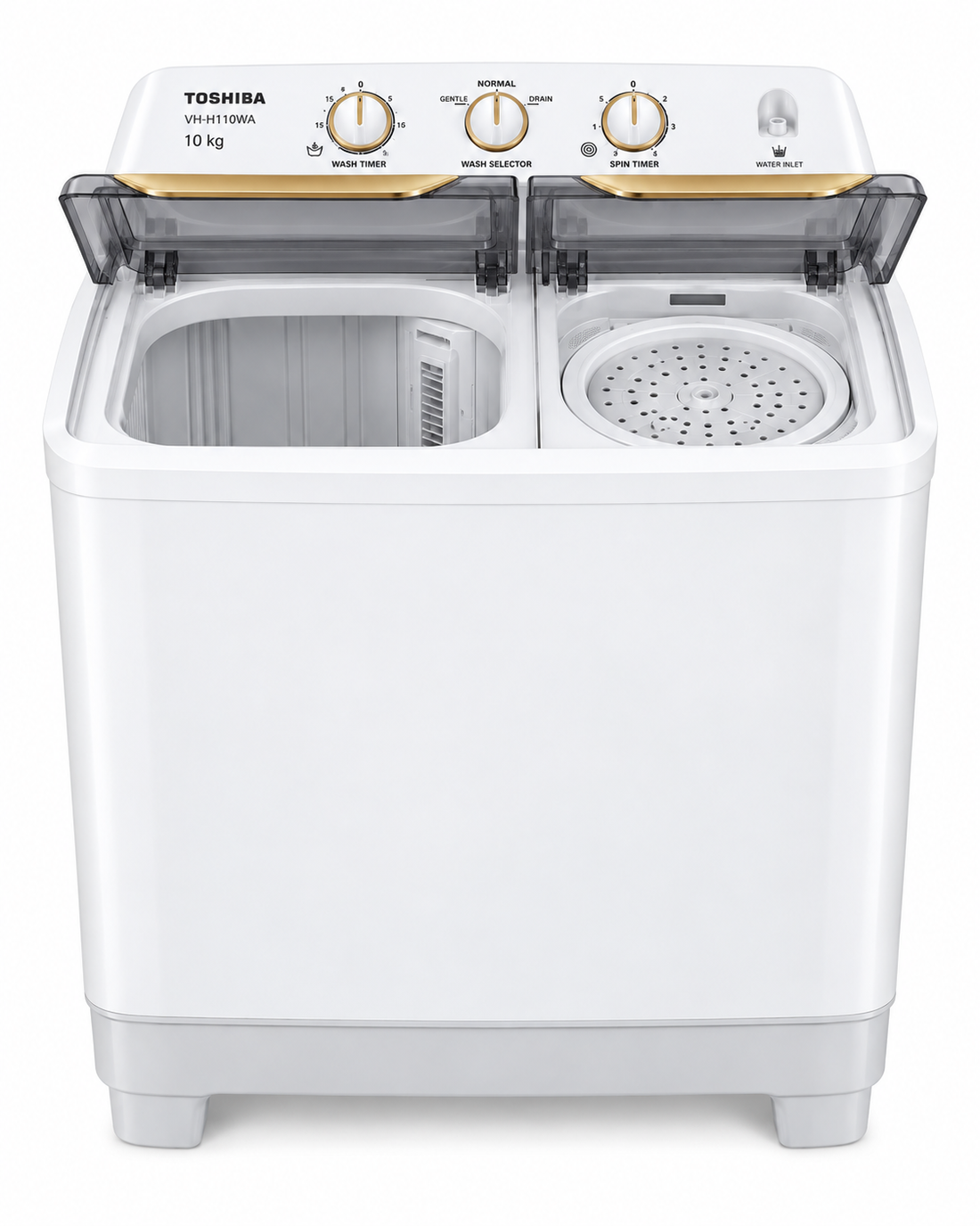 Toshiba 10kg Semi-Automatic Twin Tub Top Load Washing Machine, Golden Soak, Cyclone Spin, White – VH-H110WA - Teq Souq