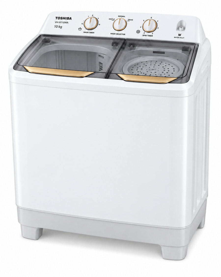 Toshiba 10kg Semi-Automatic Twin Tub Top Load Washing Machine, Golden Soak, Cyclone Spin, White – VH-H110WA - Teq Souq