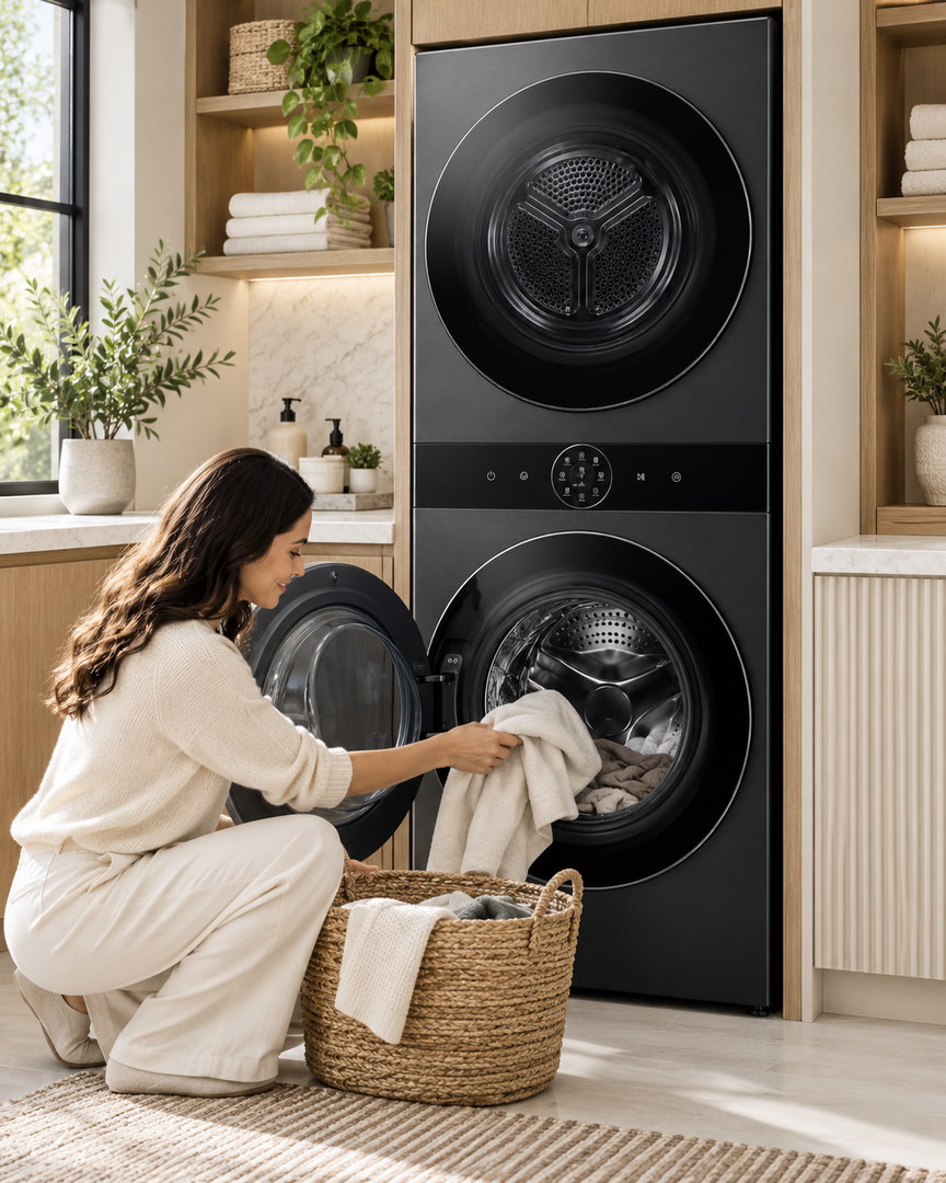 LG WashTower 12kg Washer / 10kg Dryer, AI DD, TurboWash 360, Dual Inverter Heat Pump, ThinQ Wi-Fi, Black – W4W8BVPKZHM - Teq Souq