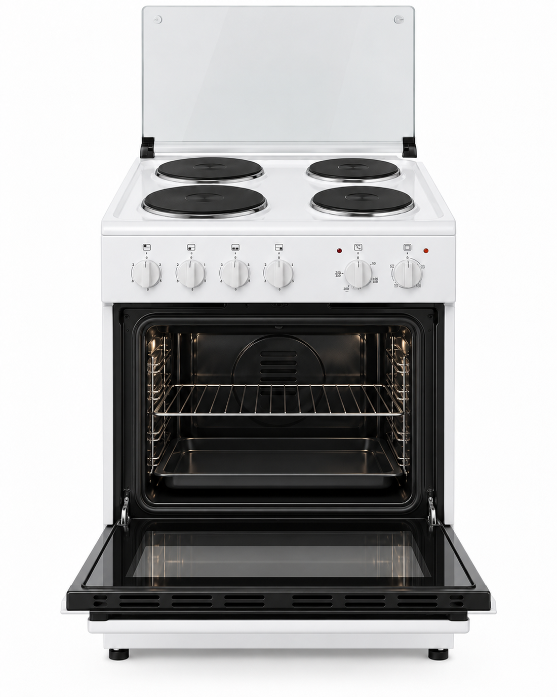 Westpoint 60x60cm 4 Hot Plate Electric Cooker with 62L Oven, Grill & Glass Lid, White – WCER-6604E4 - Teq Souq