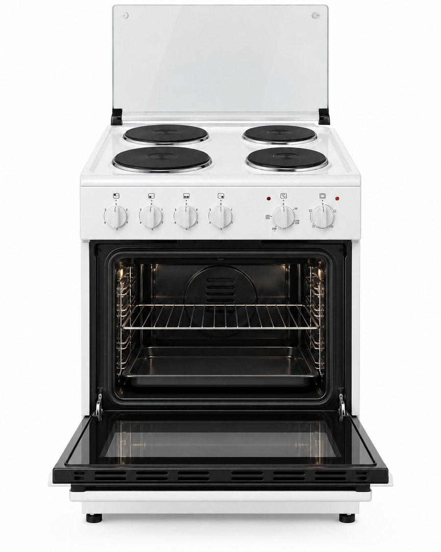 Westpoint 60x60cm 4 Hot Plate Electric Cooker with 62L Oven, Grill & Glass Lid, White – WCER-6604E4 - Teq Souq