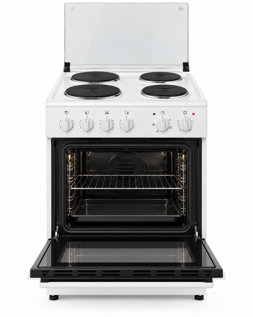 Westpoint 60x60cm 4 Hot Plate Electric Cooker with 62L Oven, Grill & Glass Lid, White – WCER-6604E4 - Teq Souq