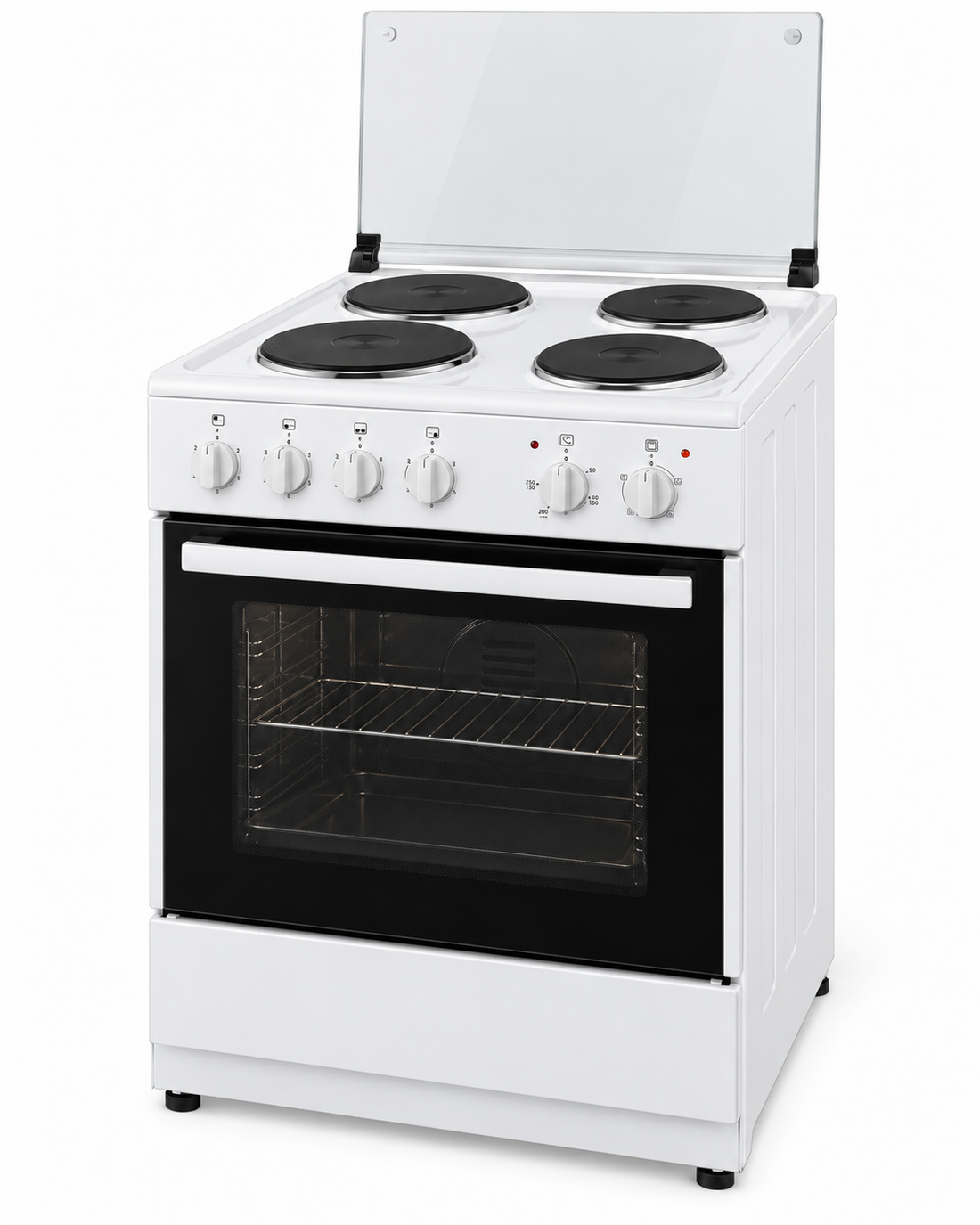 Westpoint 60x60cm 4 Hot Plate Electric Cooker with 62L Oven, Grill & Glass Lid, White – WCER-6604E4 - Teq Souq