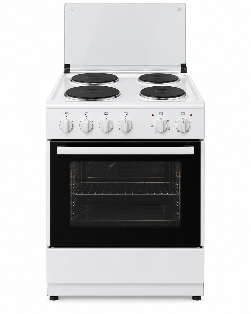 Westpoint 60x60cm 4 Hot Plate Electric Cooker with 62L Oven, Grill & Glass Lid, White – WCER-6604E4 - Teq Souq
