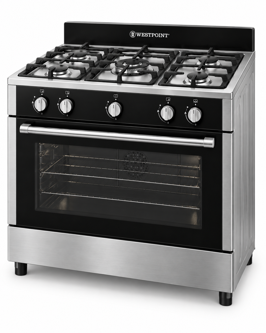 Westpoint 90x60cm 5-Burner Freestanding Gas Cooker with Oven, Full Safety, Stainless Steel – WCLR-9650G0CIID - Teq Souq