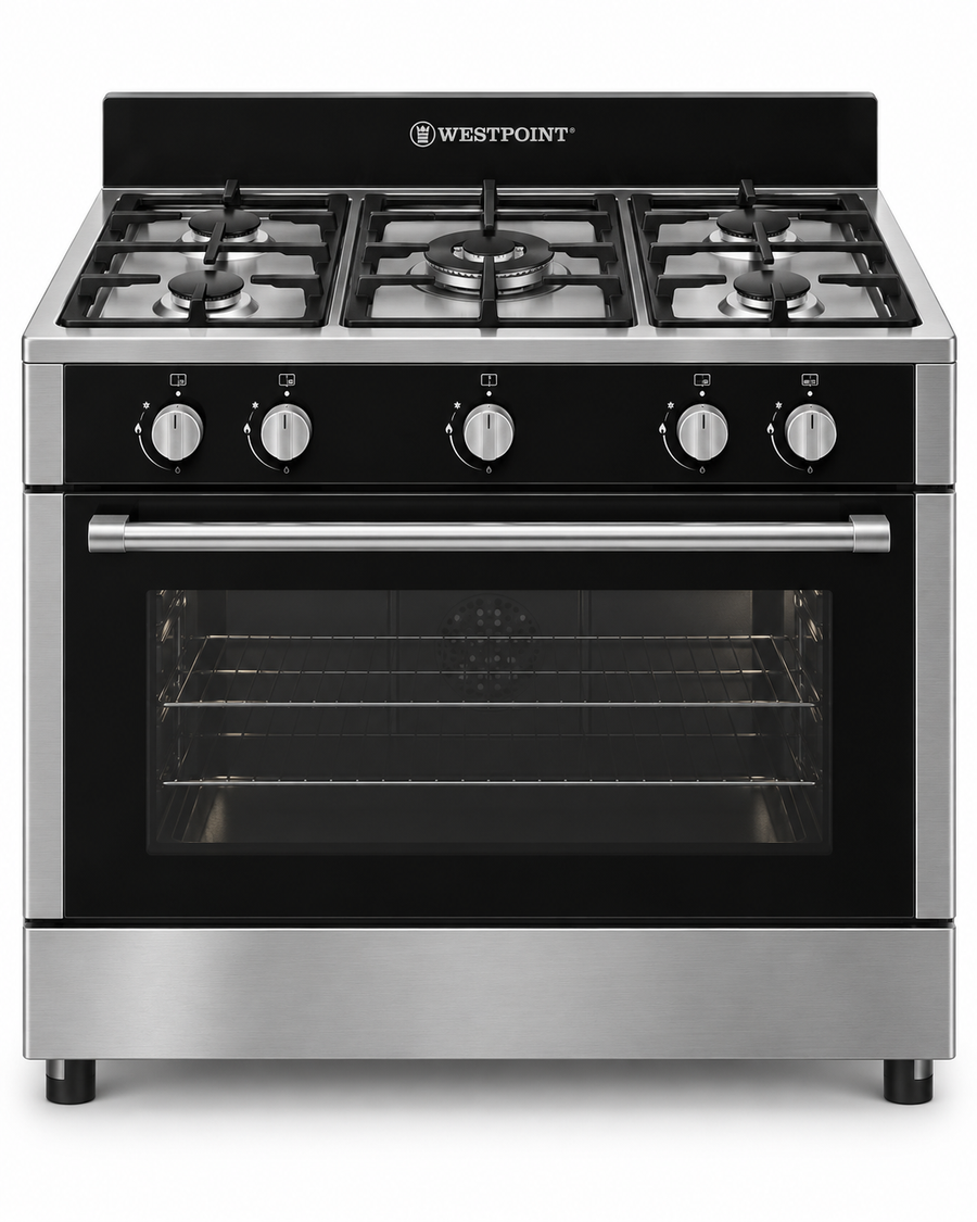 Westpoint 90x60cm 5-Burner Freestanding Gas Cooker with Oven, Full Safety, Stainless Steel – WCLR-9650G0CIID - Teq Souq