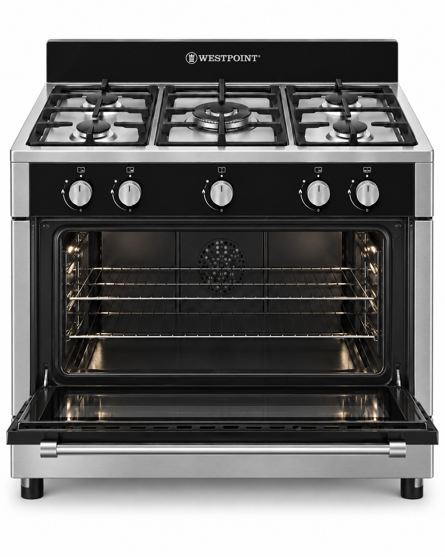 Westpoint 90x60cm 5-Burner Freestanding Gas Cooker with Oven, Full Safety, Stainless Steel – WCLR-9650G0CIID - Teq Souq