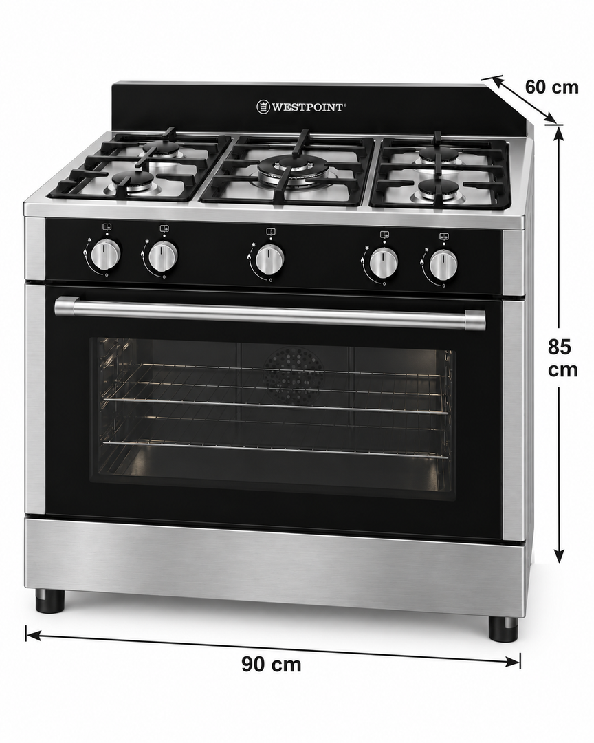 Westpoint 90x60cm 5-Burner Freestanding Gas Cooker with Oven, Full Safety, Stainless Steel – WCLR-9650G0CIID - Teq Souq