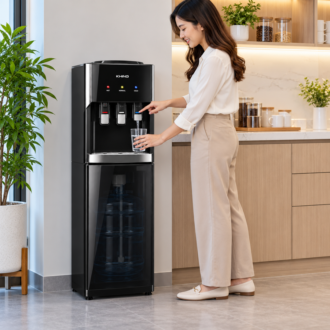 KHIND 7L Bottom Load Water Dispenser, 3 Taps, Hot, Normal & Cold Water, Child Lock, Black & Silver – WD-3BP - Teq Souq