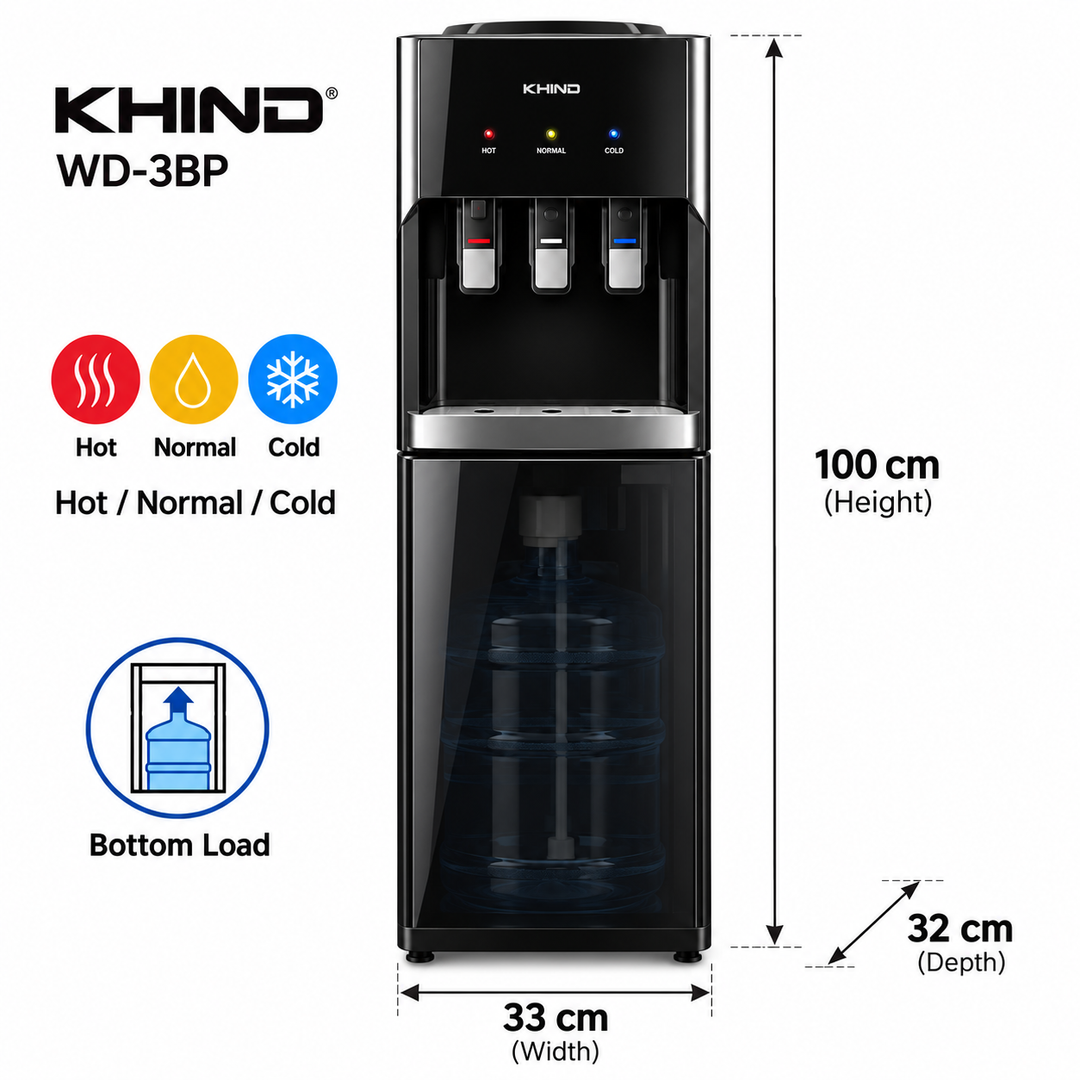 KHIND 7L Bottom Load Water Dispenser, 3 Taps, Hot, Normal & Cold Water, Child Lock, Black & Silver – WD-3BP - Teq Souq