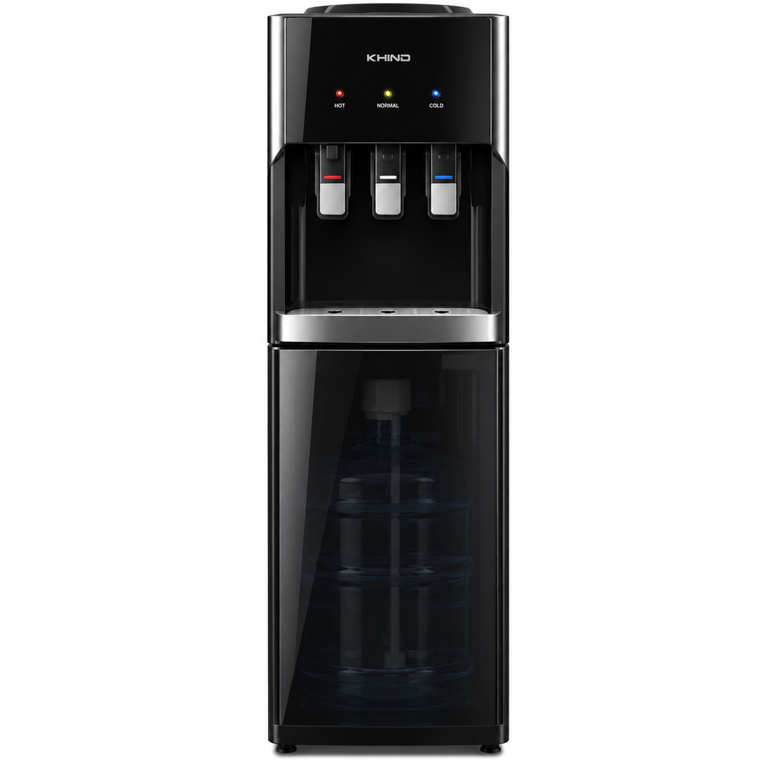 KHIND 7L Bottom Load Water Dispenser, 3 Taps, Hot, Normal & Cold Water, Child Lock, Black & Silver – WD-3BP - Teq Souq