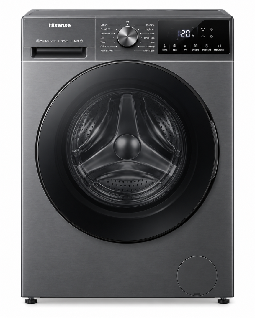 Hisense 3S Series 9kg Wash / 6kg Dry Front Load Washer Dryer, 1400 RPM, Inverter Motor, Wi-Fi, Titanium Grey – WD3S9043BT - Teq Souq