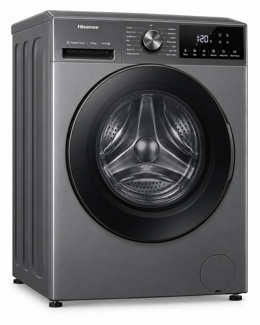 Hisense 3S Series 9kg Wash / 6kg Dry Front Load Washer Dryer, 1400 RPM, Inverter Motor, Wi-Fi, Titanium Grey – WD3S9043BT - Teq Souq
