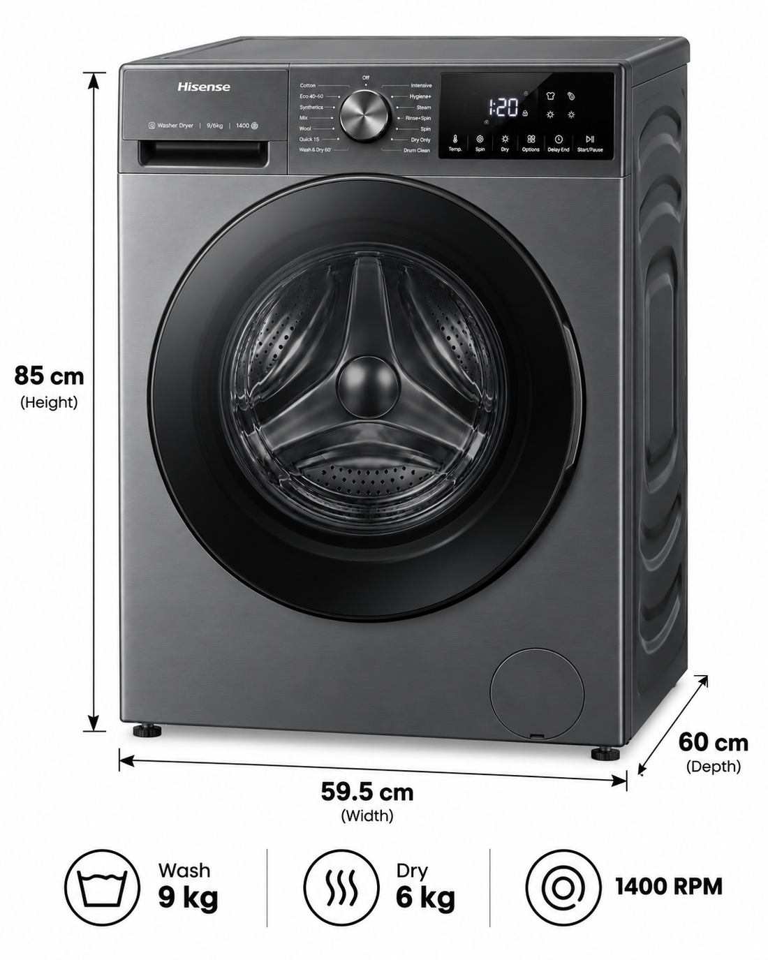 Hisense 3S Series 9kg Wash / 6kg Dry Front Load Washer Dryer, 1400 RPM, Inverter Motor, Wi-Fi, Titanium Grey – WD3S9043BT - Teq Souq