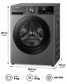 Hisense 3S Series 9kg Wash / 6kg Dry Front Load Washer Dryer, 1400 RPM, Inverter Motor, Wi-Fi, Titanium Grey – WD3S9043BT - Teq Souq