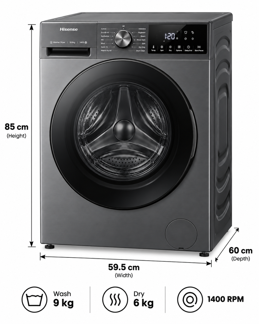 Hisense 3S Series 9kg Wash / 6kg Dry Front Load Washer Dryer, 1400 RPM, Inverter Motor, Wi-Fi, Titanium Grey – WD3S9043BT - Teq Souq
