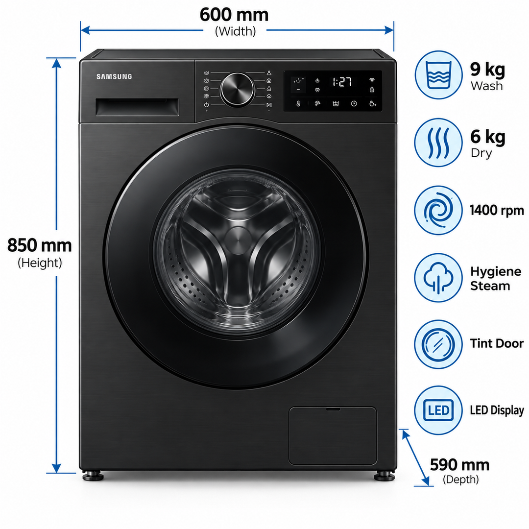 Samsung 9kg/6kg Front Load Washer Dryer Combo, 1400 RPM, Hygiene Steam, Digital Inverter, Black – WD90HG4U04BB - Teq Souq