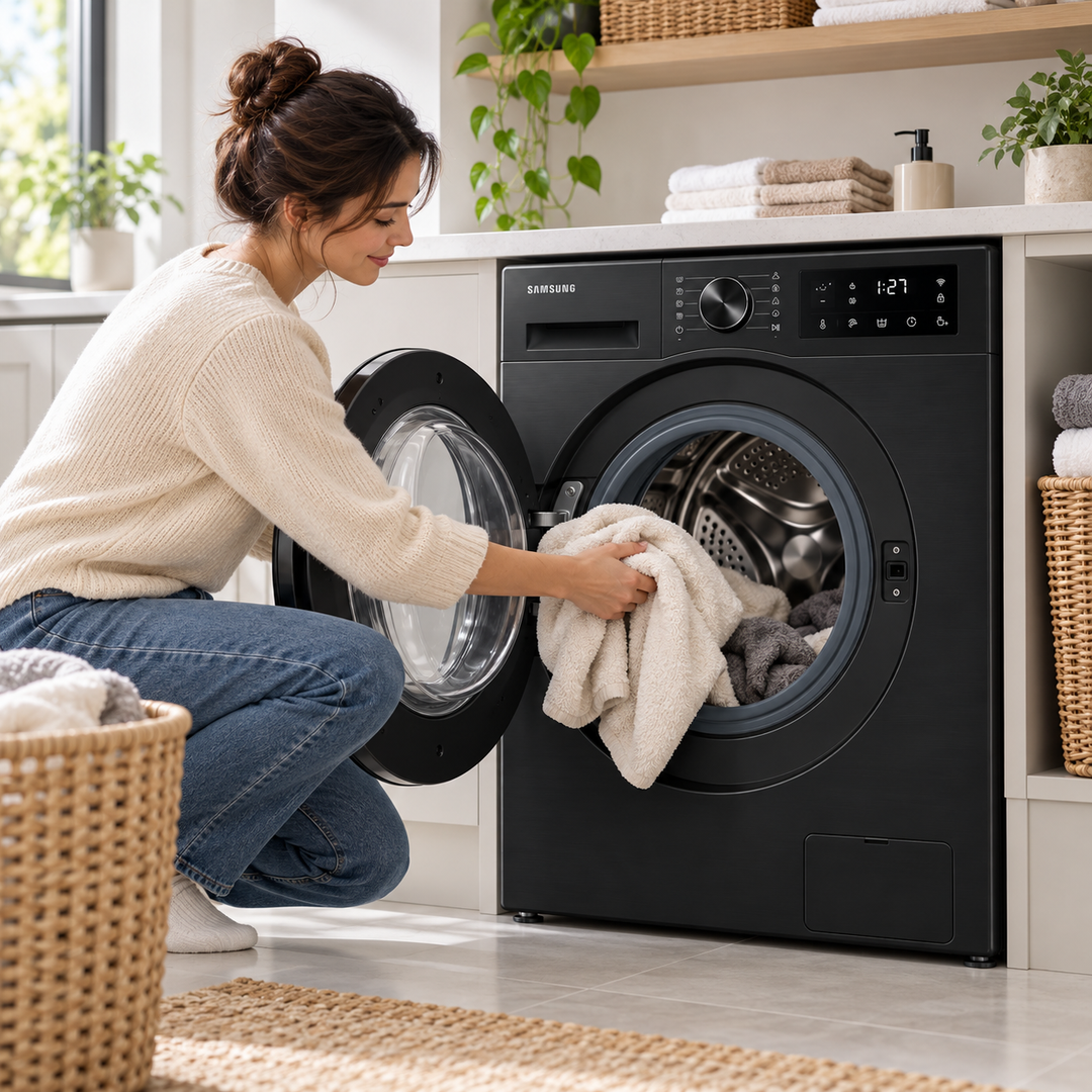 Samsung 9kg/6kg Front Load Washer Dryer Combo, 1400 RPM, Hygiene Steam, Digital Inverter, Black – WD90HG4U04BB - Teq Souq