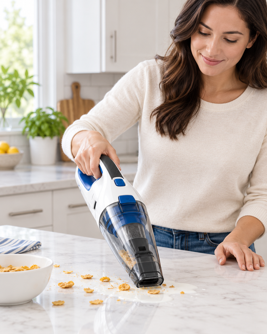 BLACK+DECKER 3.6V Cordless Wet & Dry Handheld Vacuum Cleaner, 385ml, Rechargeable Dustbuster, White/Blue – WDC115WA-B5 - Teq Souq