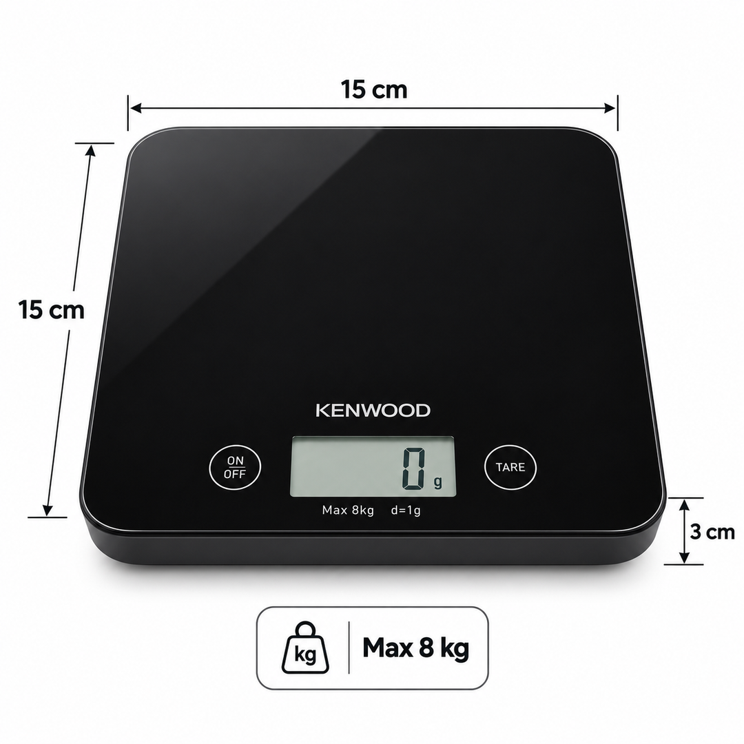 Kenwood Digital Kitchen Scale, 8kg Capacity, Tempered Glass, LCD Display, Touch Control, Black – WEP50.000BK - Teq Souq