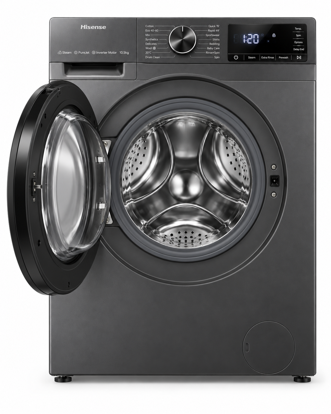 Hisense 3M Series 10.5kg Front Load Washing Machine, 1400 RPM, Direct Drive Inverter, Colour Display – WF3M1042DB - Teq Souq